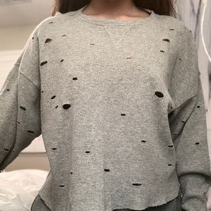 distressed ripped hole oversized grey thermal top